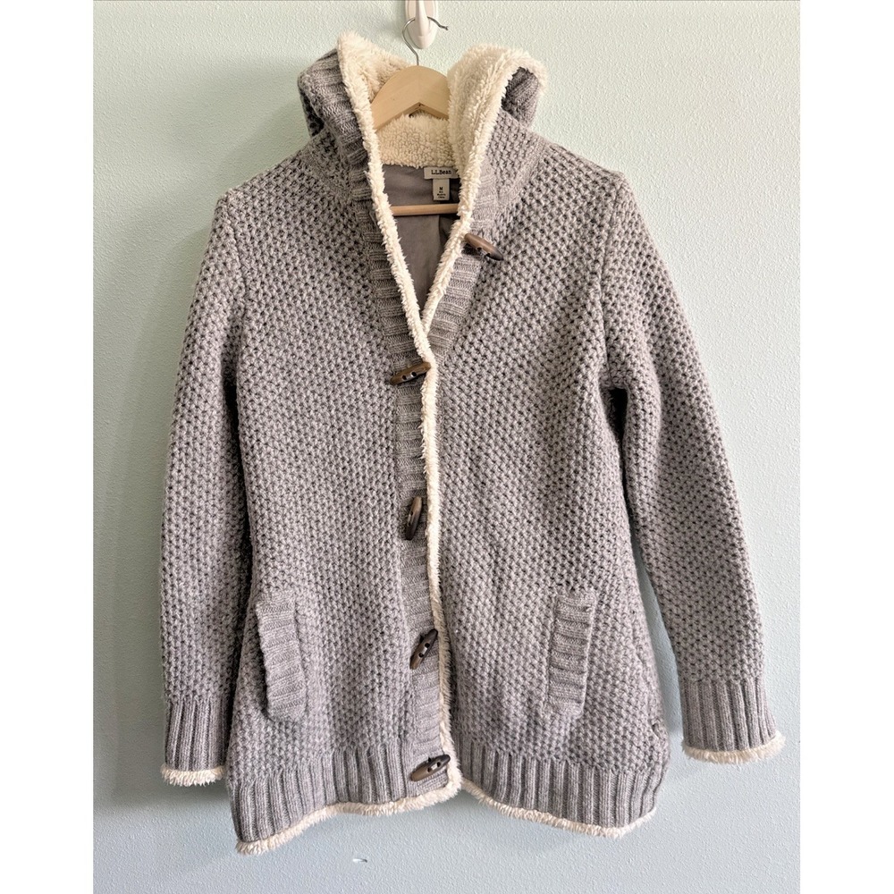 LL Bean Cardigan‎ Womens Medium Gray Wool Blend Lined Sherpa Trim Cozy Coat